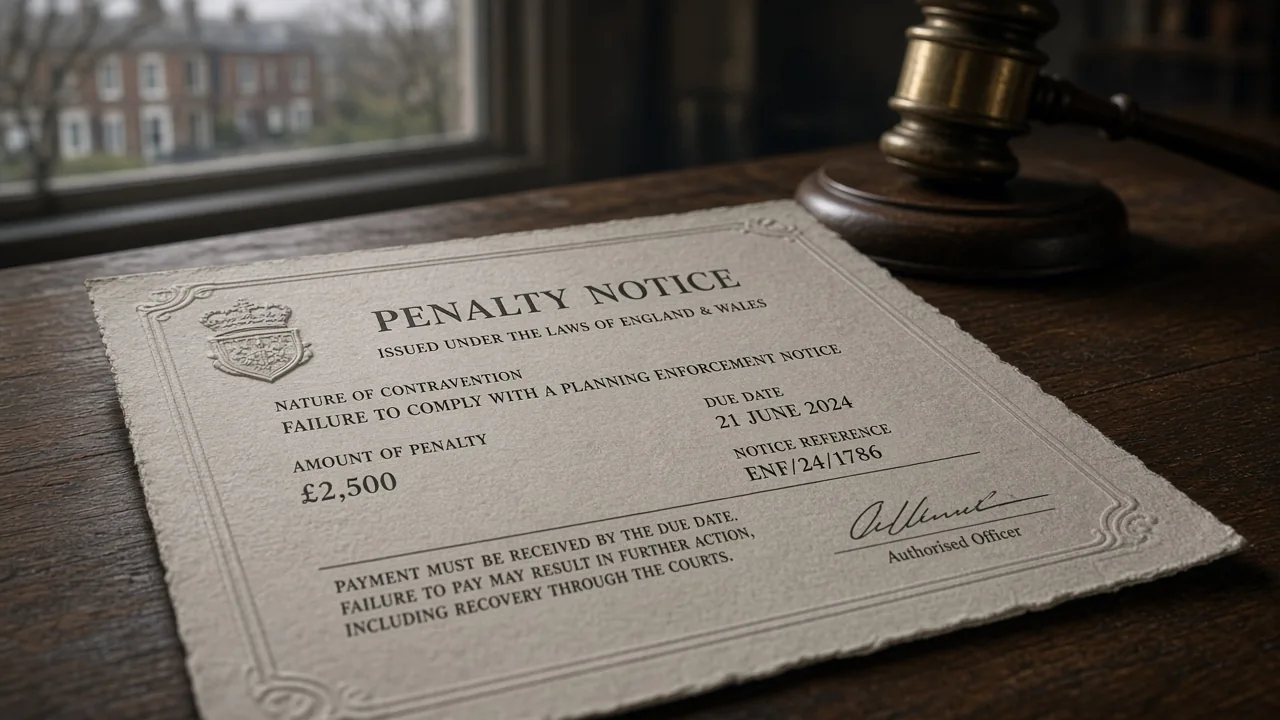 Embossed penalty notice on a boardroom table with a gavel.