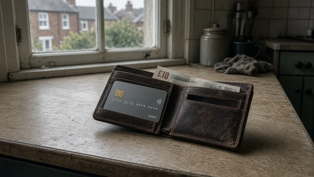 Open wallet with debit card and cash, credit slot empty.