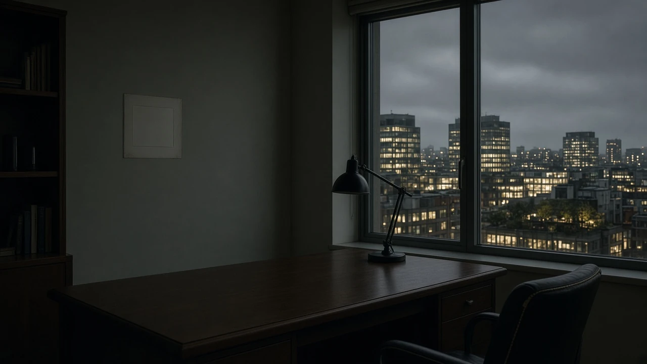 Empty executive office at night with a missing certificate frame.